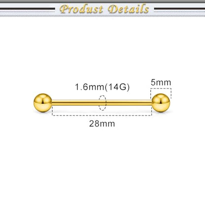 16G 14G Surgical Steel Tongue Rings Nipple Rings Industrial Piercing Jewelry Set Multi Size Straight Barbells 12mm 14mm 16mm 19mm 22mm 28mm 32mm 35mm 38mm 40mm 45mm for Women Men - color: goldtone, size: 14g,bar length 28mm