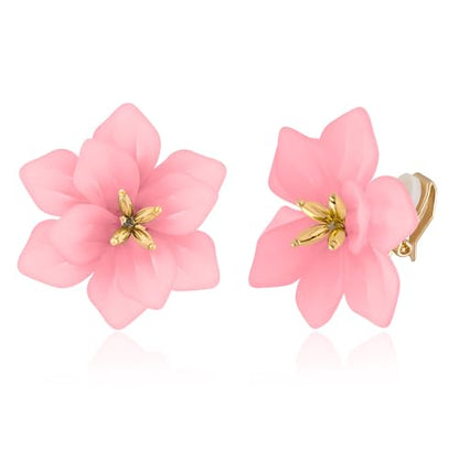 LAXPICOL Fashion Big Flower Clip On Earrings For Women Cute Lovely Acrylic Flower Earrings No piercing Earrings 2.36" - color: pink