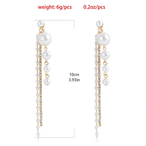 Statement Beaded Pearl Drop Dangle Earrings for Women, Charm Crystal Pearls Zircon Long Tassel Stud Earring Dangling Exquisite Prom Party Jewelry Gifts