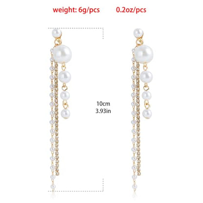 Statement Beaded Pearl Drop Dangle Earrings for Women, Charm Crystal Pearls Zircon Long Tassel Stud Earring Dangling Exquisite Prom Party Jewelry Gifts