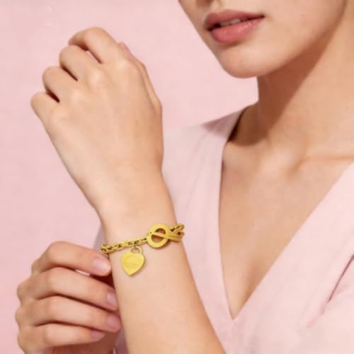 Charm Bracelet for Women 18k Gold/Silver/Rose Gold Plated Love Heart Elegant OT Clasp Stainless Steel Green Bag Packaging Jewelry Gift Birthday - color: 18k Gold, size: 8 inch