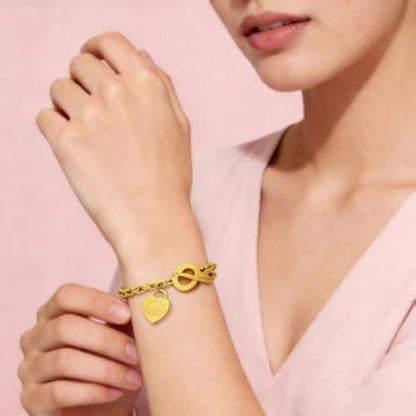 Charm Bracelet for Women 18k Gold/Silver/Rose Gold Plated Love Heart Elegant OT Clasp Stainless Steel Green Bag Packaging Jewelry Gift Birthday - color: 18k Gold, size: 8 inch