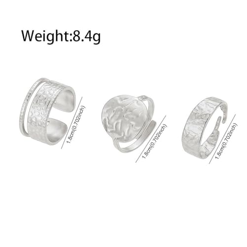 3Pcs Gold Chunky Hammered Geometric Open Ring Set for Women,Boho Retro Textured Stackable Band Statement Rings Modern Minimalist Jewelry Gifts - color: Silver