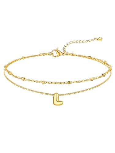 FOCALOOK Initial Anklet Bracelet for Women, 14K Gold Plated Anklets Layer Letter Ankle Chain Non Tarnish, 8.5"+2" Adjustable Large Ankle Summer Beach Foot Jewelry - color: Gold-L