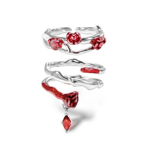 Copper Alloy White Gold Plated Red Rose Shaped Resin Art Gem Ring Set Open Adjustable Stackable Romantic Unique Design Multi-Finger Rings for Women with Premium Gift Box - color: A+B Set
