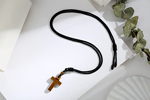 QINJIEJIE Cross Crystal Necklace Adjustable Black Rope Natural Gemstone Quartz Stone Necklaces for Men Women Father's Day Gift - color: Yellow - Tiger Eye