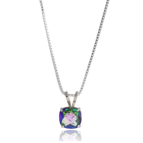 MAX + STONE 925 Sterling Silver Cushion Cut Birthstone Necklace for Women | 6mm Hypoallergenic Solitaire Necklace | Gemstone Pendant Necklaces with 18 inch Box Chain - color: Mystic Topaz