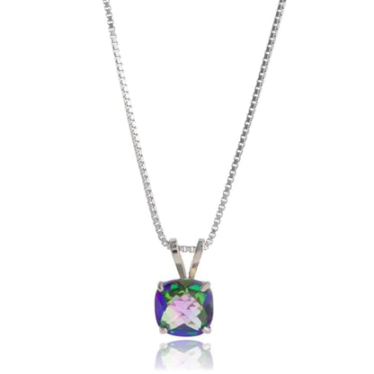 MAX + STONE 925 Sterling Silver Cushion Cut Birthstone Necklace for Women | 6mm Hypoallergenic Solitaire Necklace | Gemstone Pendant Necklaces with 18 inch Box Chain - color: Mystic Topaz