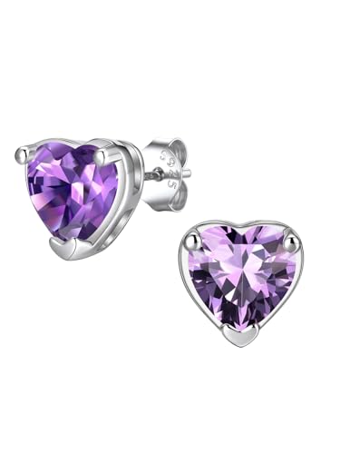 FindChic 2 Carat Birthstone Stud Earrings for Women, Round/Heart/Princess Cut Stud Earrings, Hypoallergenic Studs with 925 Sterling Silver Posts, 12 Months Birthday Jewelry Gift - color: 02. February-Amethyst(Heart Cut)
