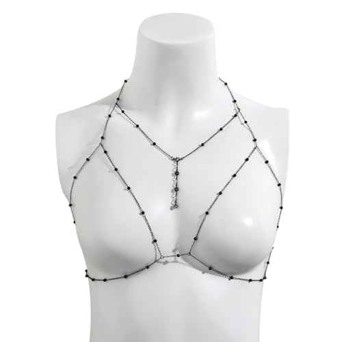 Multi-Layer Rhinestone Body Chain for Women Gold/Silver Tone Chest & Back Chain Beach Party Nightclub Jewelry - color: Black