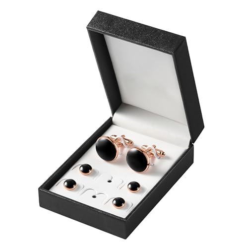 Men's Cufflinks & Tuxedo Studs Set - 316L Stainless Steel Formal Wedding Jewelry, Groomsmen Gift Set with Gift Box - color: 6pcs Black Rose Gold