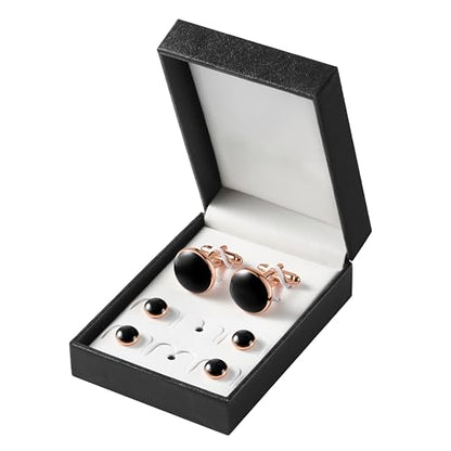 Men's Cufflinks & Tuxedo Studs Set - 316L Stainless Steel Formal Wedding Jewelry, Groomsmen Gift Set with Gift Box - color: 6pcs Black Rose Gold