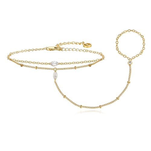 Cicy Bell Hand Chain Bracelets for Women 18K Gold Plated | Layered Stackable Dainty Ring Bracelets, Adjustable Satellite Bead Dot Link Finger Bracelets - color: Style B-Gold