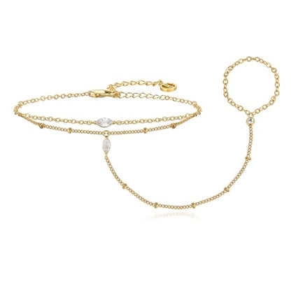 Cicy Bell Hand Chain Bracelets for Women 18K Gold Plated | Layered Stackable Dainty Ring Bracelets, Adjustable Satellite Bead Dot Link Finger Bracelets - color: Style B-Gold