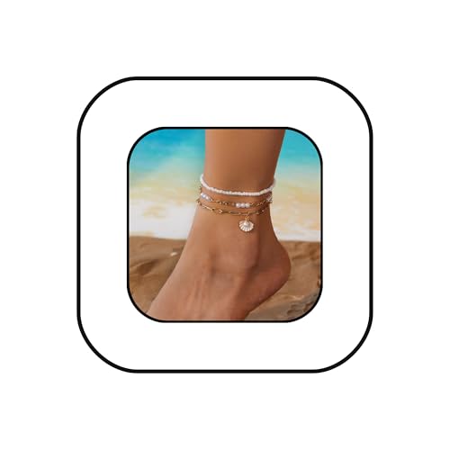 Boho Shell Ankle Bracelet Set for Women Gold Plated Adjustable Anklet Beach Inspired Foot Jewelry with Starfish & Pearl Charms - color: D