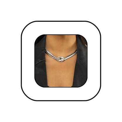 Chunky Knot Choker Necklace for Women Double Snake Chain Statement Collar Gold & Silver Tone Adjustable Party Daily Wear Jewelry Gifts - color: Silver
