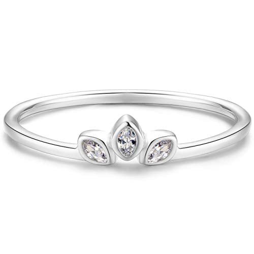 Sterling Silver Delicate Dainty Ring for Stacking Three-Stone Marquise Ring - color: Rhodium Plating - White