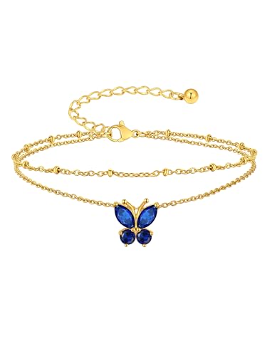 Suplight Gold Plated Butterfly Anklets for Women Waterproof, Layered Boho Ankle Bracelet with Birthstone, Stainless Steel Adjustable Non-Tarnish Heart Foot Jewelry Beach Vacation - color: 09. Butterfly-Sept. Sapphire