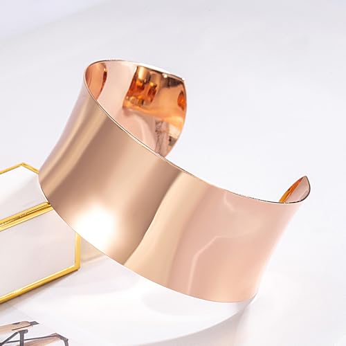 Dankadi Women 925 Sterling Silver Curved Bangle 30MM Wide Grooved Cuff Bangle Shiny Punk Open Bracelet Adjustable Plated 24k Gold/Rose Gold Jewelry Gift - color: Rose Gold