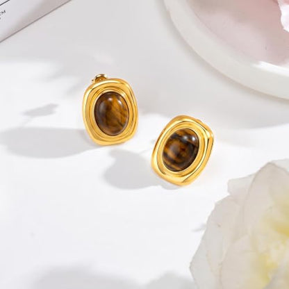 Chunky Gold Stud Earrings for Women 18K Gold Plated Hypoallergenic Chunky Statement Earrings Big Natural Crystal Stone Earring Gift for Women - color: Tiger Eye