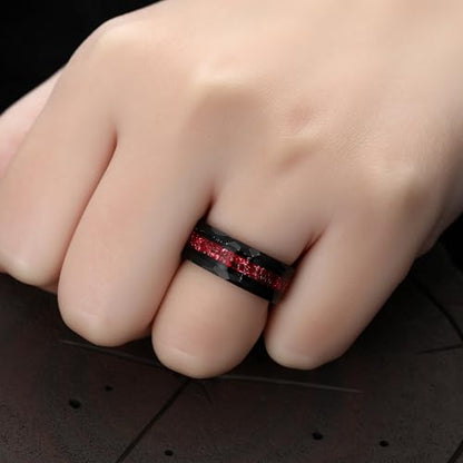 4mm/8mm Tungsten Wedding Bands for Men Women Ruby/Morganite/Emerald | Aquamarine/Zirconia, Black/Rose Gold/14K Gold, Engagement Promise Ring, Anniversary Valentine Day Birthday Gift for Him/Her - color: Black and Red