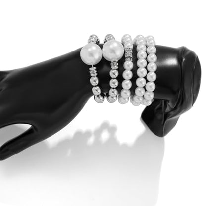 GIGB PBDK Chunky Pearl Bracelets for Women Stackable Gold Pearl Beaded Stretch Bracelets Exaggerated Big Pearl Ball Bracelet Set Trendy Birthday Jewelry Gifts - color: Silver