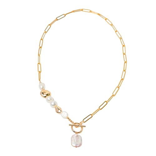Gold Cuban Chain Necklace Baroque Pearl Necklace 14K Gold Plated Freshwater Pearl Pendant Necklace Daily Jewelly for Women