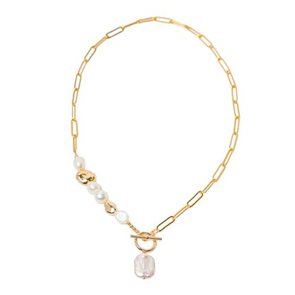 Gold Cuban Chain Necklace Baroque Pearl Necklace 14K Gold Plated Freshwater Pearl Pendant Necklace Daily Jewelly for Women