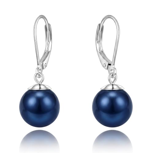 Pearl Leverback Earrings for Women Dangle Round Gemstone Earrings Birthstone Jewelry Gift Anniversary for Her - color: 20 Navy Blue Pearl