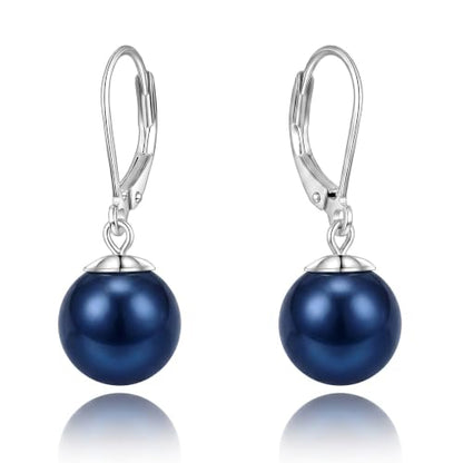 Pearl Leverback Earrings for Women Dangle Round Gemstone Earrings Birthstone Jewelry Gift Anniversary for Her - color: 20 Navy Blue Pearl