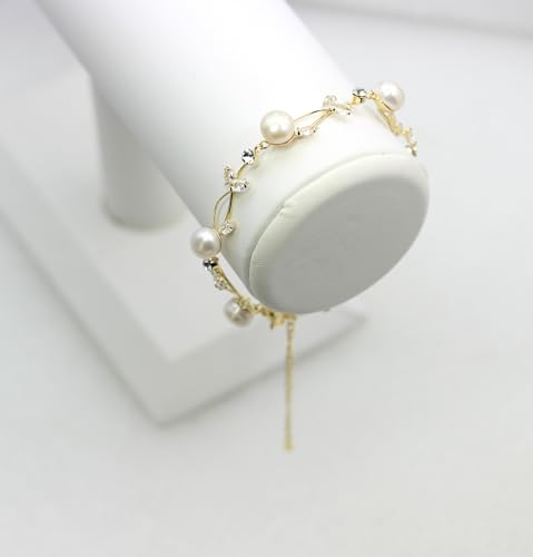 Faship Genuine Freshwater Pearls Floral Necklace Earrings Set | Premium CZ Crystal, Gorgeous, Sparkling - color: Clear/Gold-plated / Matching Bracelet