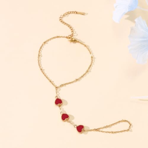 Hand Chain Bracelets for Women 14K Gold Plated Dainty Link Bracelet Bracelets Trendy Ring Bracelet Birthday Jewelry Gifts for Women - style: Red Heart