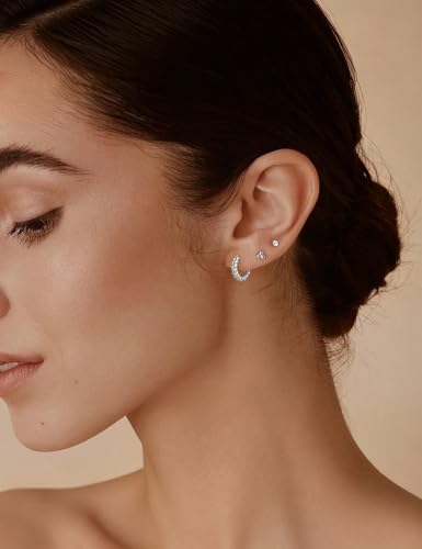 Fiusem 14K Gold Plated Huggie Hoop Earrings for Women | 8/10/12 Hypoallergenic Small Twisted beaded Huggie Earrings - color: Silver Twisted, size: 8MM