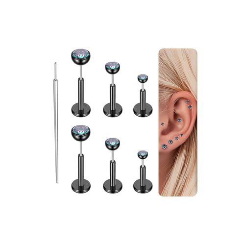 Gotumo 16G 18G 20G Flat Back Earrings Stud Titanium Threadless Nose Rings Tragus Labret Cartilage Lip Medusa Conch Body Piercing Jewelry Hypoallergenic for Women Men - color: Black, size: 16G Bar 5/6/7mm & CZ 2/3/4mm