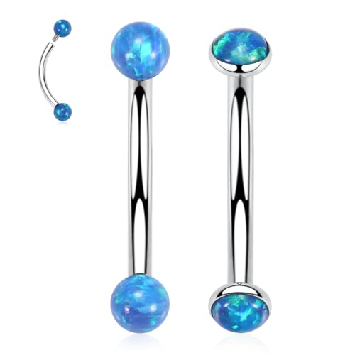 G23 Titanium Eyebrow Piercing Jewelry Eyebrow Rings Curved Barbell 16G Eyebrow Belly Button Ring Navel Rings Rook Daith Earrings Lip Ring Eyebrow Jewelry 6mm-12mm - color: 2PCS,Ball Shape Blue Opal+Disc Shape Blue Opal,Silver