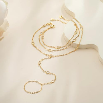 Hand Chain Bracelets for Women - 14K Real Gold Plated Dainty Stackable Paperclip Link Bracelets Hand Chain Bracelet Ring Gold Bracelets for Women Trendy - color: Layered CZ Hand Chain