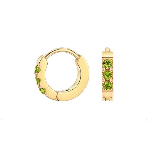 Birthstone Huggie Hoop Earrings for Women, Cubic Zirconia Small Hoops | 316L Surgical Steel, 18K Gold or Silver, 6-10mm, Hypoallergenic Waterproof, Cartilage Piercing, Birthday Gift - color: 08 AUG. Olive Green - Gold, size: 6mm