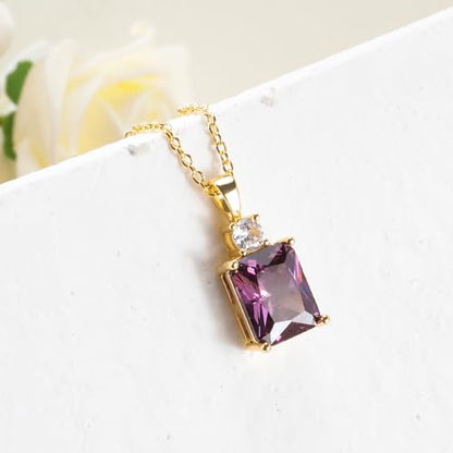 CiNily Rectangular Crystal Necklace for Women Trendy, Pendant Necklace with Chain 14K White Gold | Gold Plated Multicolor Birthstone Pendant Necklaces Boho Jewelry for Christmas Birthday Wedding - color: Gold-Purple cz