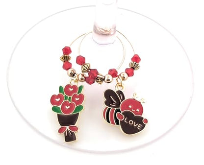 Pixie Valentine’s Day Wine Charms 8-Piece Set – Red & Gold Enamel Hearts, Wine Glass Markers for Parties, Gifts & Party Favors