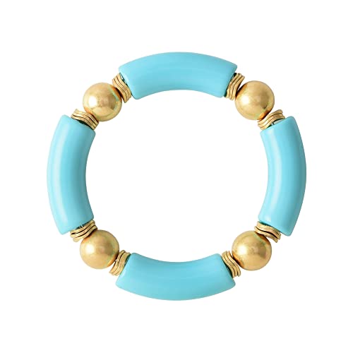 LALAPPLE Gold Plated Beaded Acrylic Bamboo Tube Bangle Bracelets for Women, Colorful Chunky Curved Tube With Gold Plated Pieces Beads Stretch Bracelet Friendship Summer Beach Jewelry - color: N-Blue