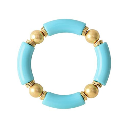 LALAPPLE Gold Plated Beaded Acrylic Bamboo Tube Bangle Bracelets for Women, Colorful Chunky Curved Tube With Gold Plated Pieces Beads Stretch Bracelet Friendship Summer Beach Jewelry - color: N-Blue