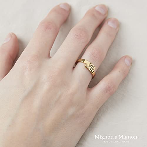 MignonandMignon Personalized Stacking Rings, Custom Initial Ring | Engrave the open wrap band with initials, names or dates; tarnish-resistant gold plated steel is skin-safe for stacking.