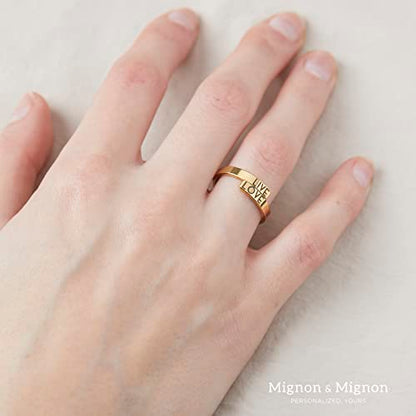 MignonandMignon Personalized Stacking Rings, Custom Initial Ring | Engrave the open wrap band with initials, names or dates; tarnish-resistant gold plated steel is skin-safe for stacking.