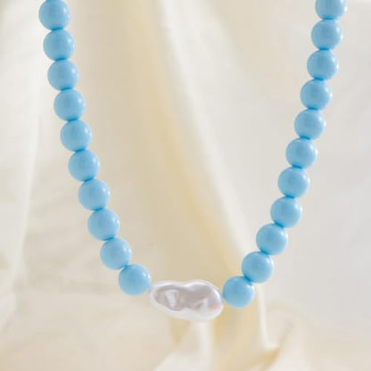 Colorful Faux Baroque Pearl Resin Beaded Choker Necklace Summer Tropical Jewelry for Women - color: Blue