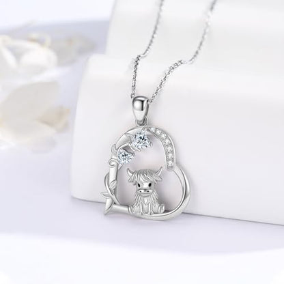 Heart Animal Necklace 925 Sterling Silver Cute Animal Pendant Jewelry Birthday Gifts for Women Girlfriend Mom Animal Lovers - style: 3-2 Highland Cow