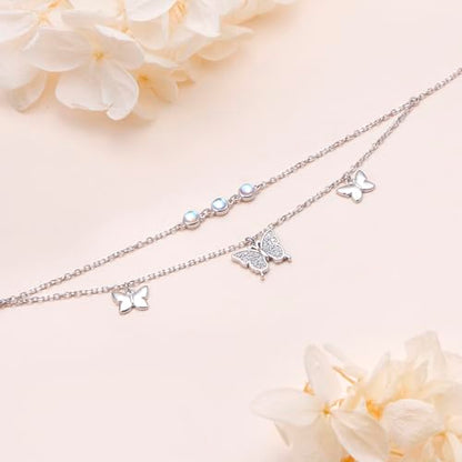 Anklets for Women 925 Sterling Silver Blue Evil Eye Infinity Butterfly Adjustable Multilayer Layered Summer Beach Ankle Bracelet Foot Chain Jewelry for Women - style: Butterfly
