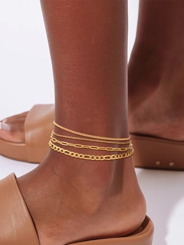 FOCALOOK Anklet Bracelets Set for Women, 14K Gold Plated Layered Anklet Set | Adjustable for Large Ankle, Cuban/Snake/Figaro/Paperclip Chain, Waterproof & Non Tarnish for Everyday Wear, Beach & Summer - color: E:4Pcs-Anklet Set-Gold