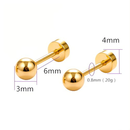 Stainless Steel Ball Bead Screw Back Flat Back Stud Earrings, 1 Pair 3 mm (0.12") Hypoallergenic Earrings for Sensitive Ears - color: Gold
