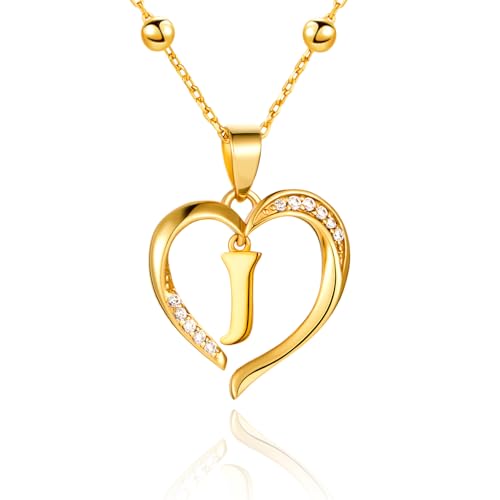 Cicy Bell Womens Heart Initial Necklace 18k Gold Plated | Personalized Letter Pendant, 17.7'' with 2'' Extender - color: Style 2-J-Gold