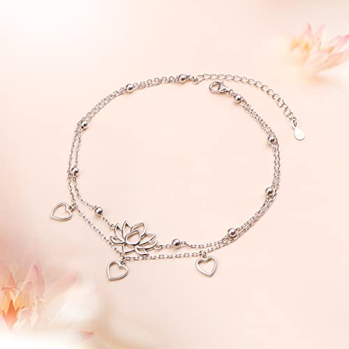 Flyow Anklet for Women S925 Sterling Silver Adjustable Foot Beaded Heart Charm Ankle Bracelet Anklets Jewelry - style: lotus